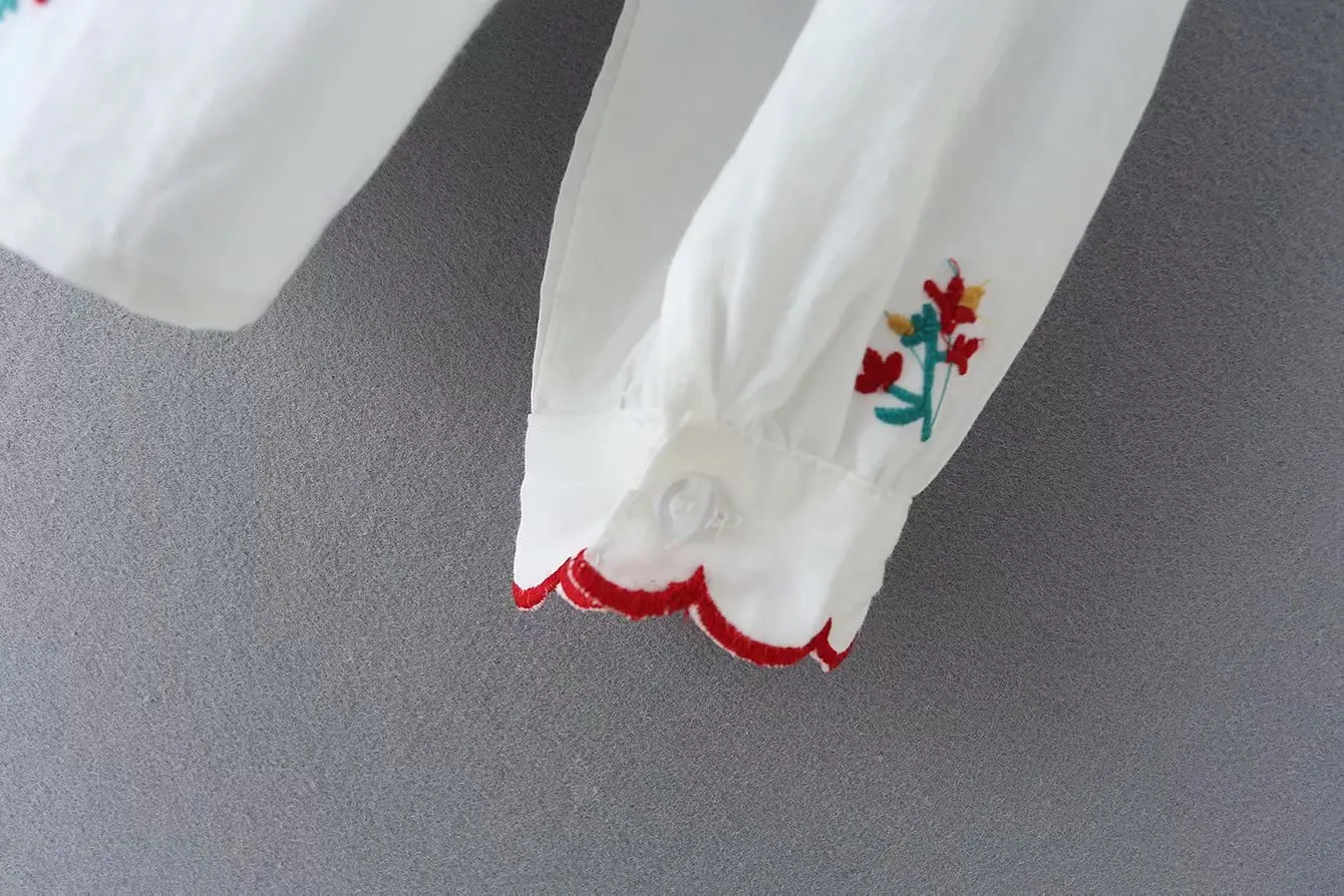 Летняя женская блузка, рубашка с цветочной вышивкой, длинный рукав, стоячий воротник, кнопка, винтажная Повседневная рубашка рубашки в уличном стиле, белая