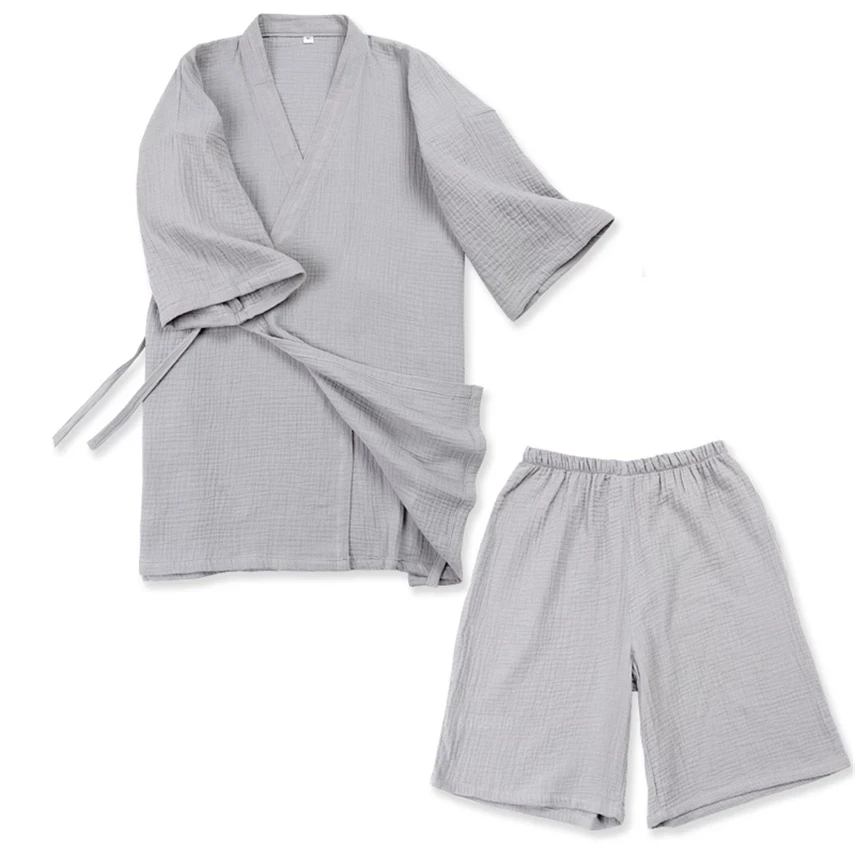 

Japanese Style Robe Kimono for Men Cotton Solid Sleepwear Asian Pajamas Set Homewear Haori Clothing Pant Plus Size