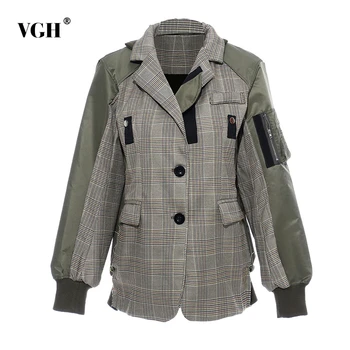 

VGH Hit Color Patchwork Plaid Women's Coats Lantern Long Sleeve Notched Pocket Female Jackets 2020 Autumn Fashion New Clothes