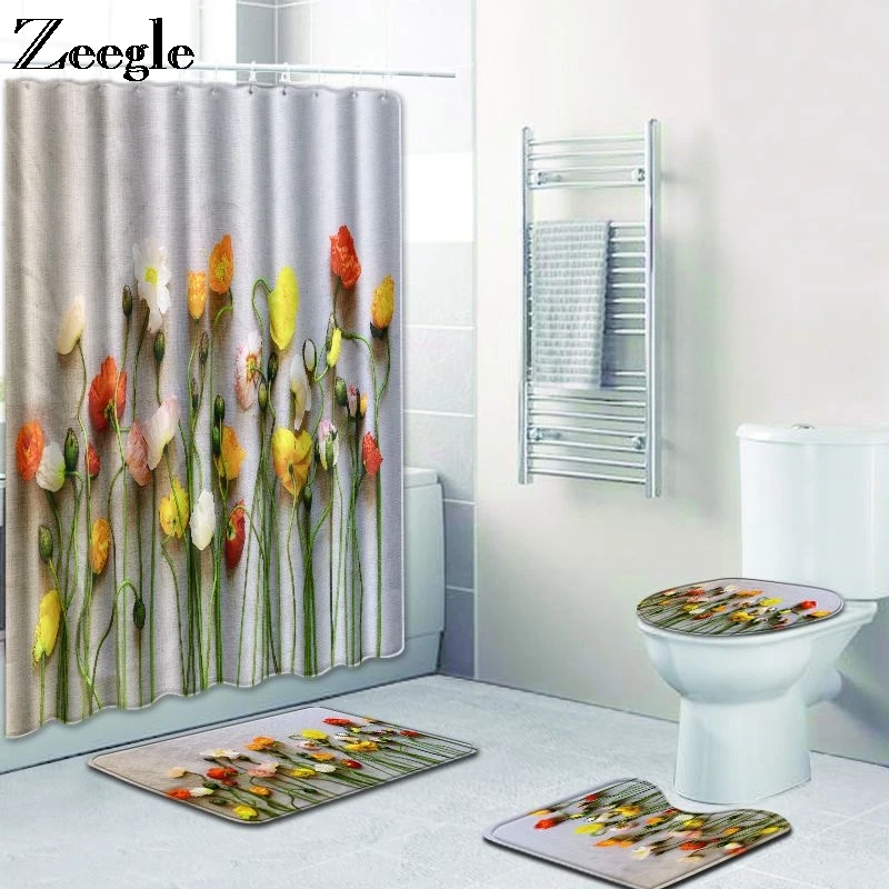 Zeegle Shower Curtain and Bath Mat Set Anti Slip Bathroom Doormat Washable Toilet Pedestal Rug Absorbent Foot Mat Bath Mat Set