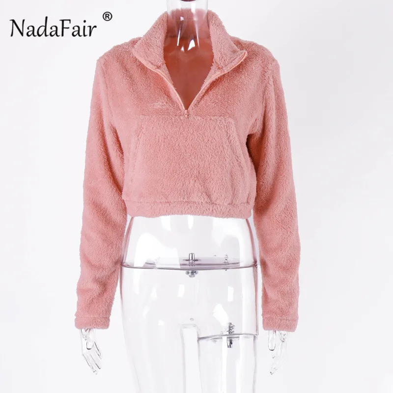 Nadafair с длинным рукавом укороченная толстовка женская Повседневная осень зима короткий свитер сплошной карман плюш искусственный мех толстовки женские