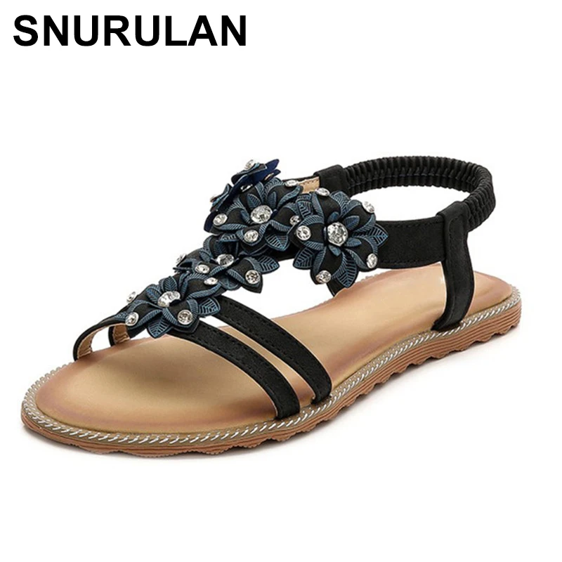 

SNURULAN Summer Women Casual Flat Shoes Sandals Women Shoes; Large sizes 34–43 in a bohemian style with flowers and crystals