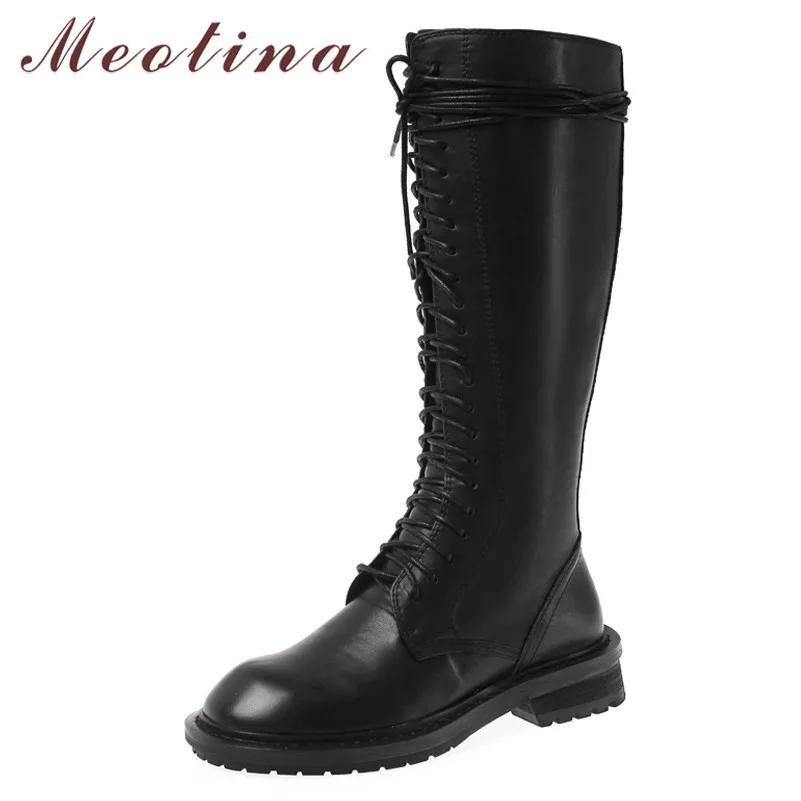 

Meotina Winter Knee High Boots Women Natural Genuine Leather Block Heel Long Boots Zipper Round Toe Shoes Lady Autumn Size 34-39