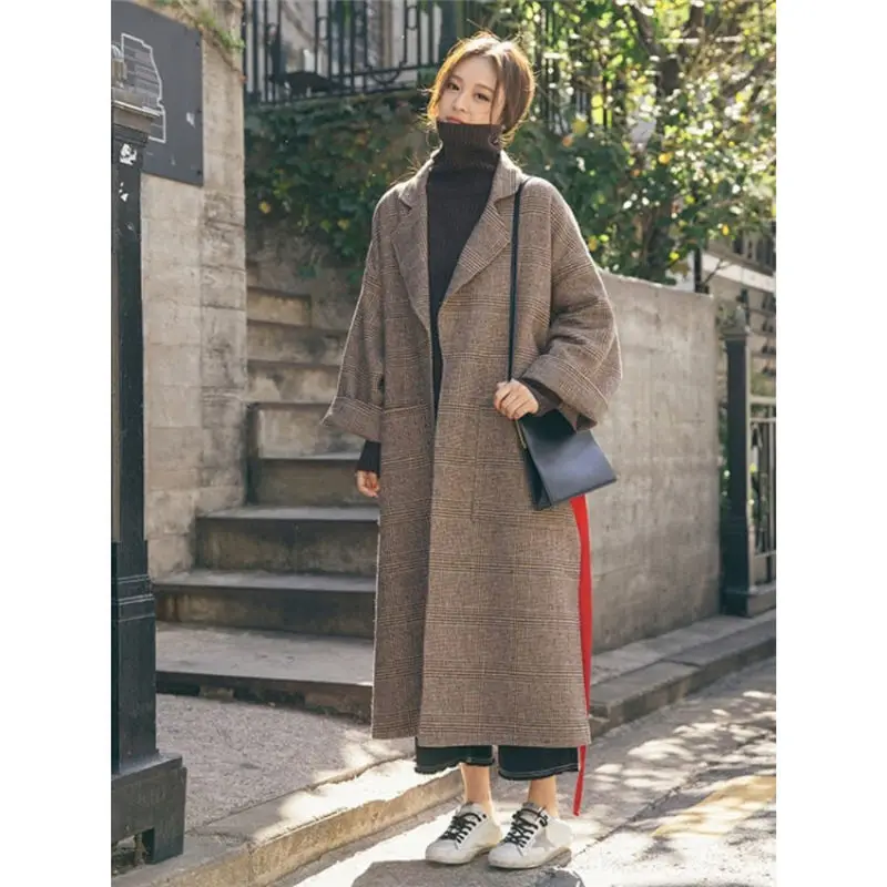 New Autumn Long Women Wool Coat Lapel Fashion Belt Slim Female Elegant Vintage Jacket Overcoat For Office Ladies Plus Size f1512