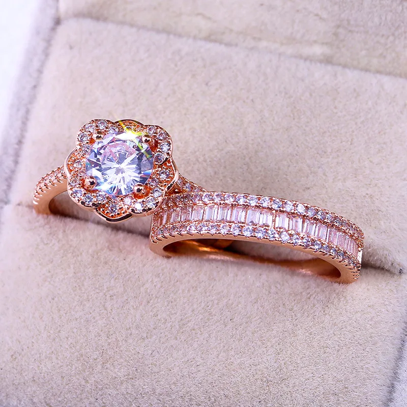 Ramos женский набор колец из 925 серебра с кристаллами и цирконием, винтажные Свадебные Кольца из розового золота для женщин, обручальное кольцо с цветами для невесты