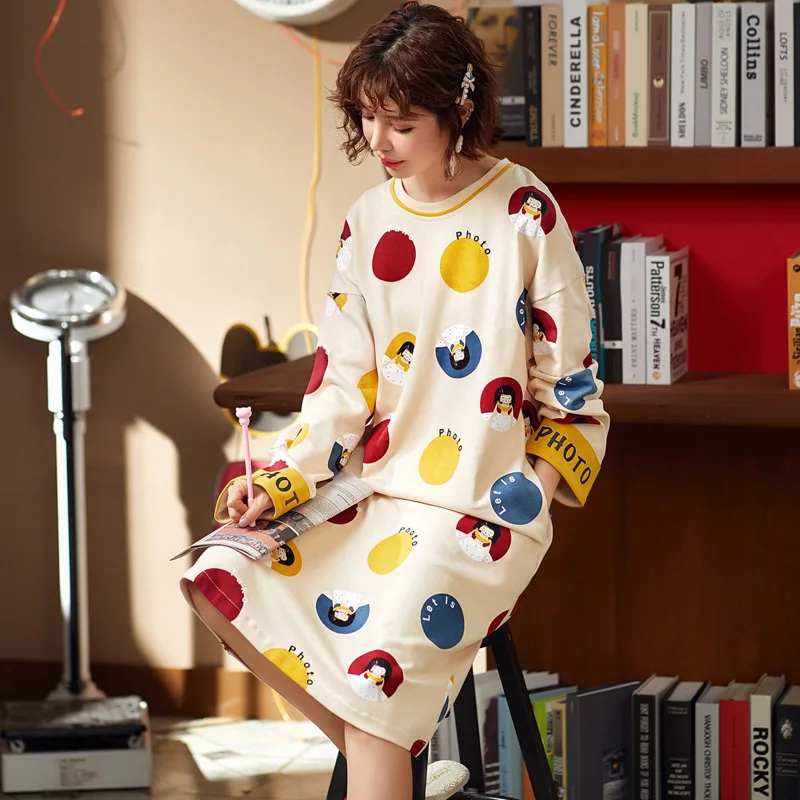 

Nightgown Women's Spring And Autumn Long Sleeve Pure Cotton Loose-Fit Korean-style Sweet Dress Autumn Mid-length Tracksuit Women
