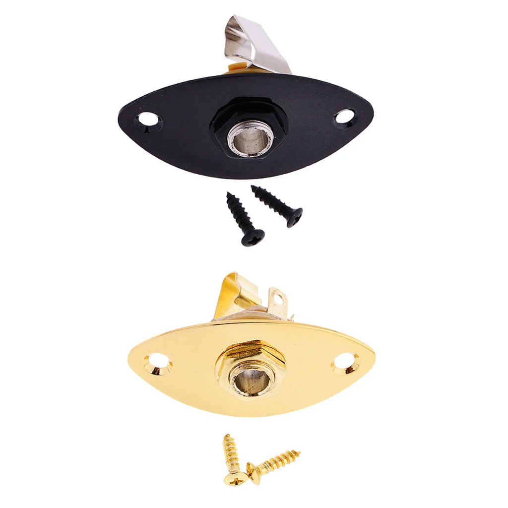 2 Pieces of Set Guitar Jack Plug Plate Electric Guitar Bass Oval Plug Socket with Mounting Screws Black+Golden