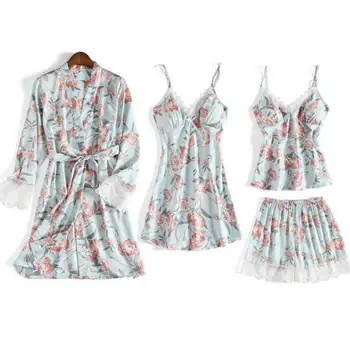 

4PCS Kimono Gown Nightwear Intimate Lingerie Women Sexy Homewear Sleep Set Print Flower Wedding Party Robe Set Casual Sleepwear