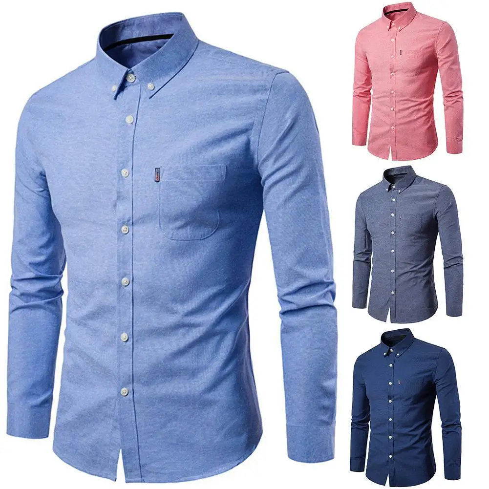 Camisa de manga larga con cuello vuelto para hombre, Camisa ajustada con botones y bolsillo, Top de trabajo de Color sólido
