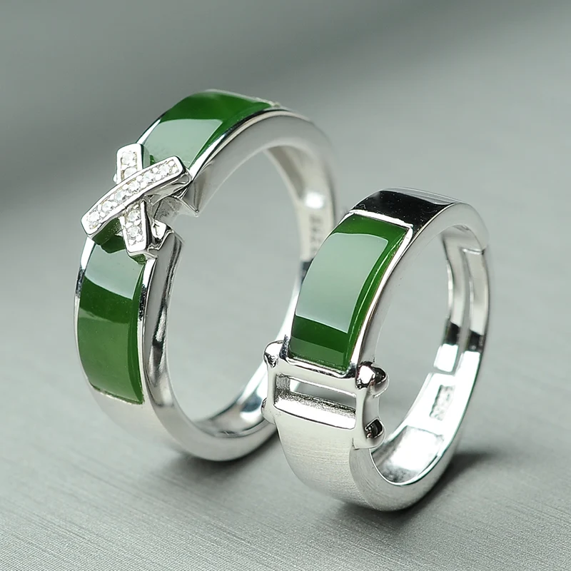 Искусно разработанное 925 Серебряно-инкрустированное Hetian Jade модное парное кольцо для мужчин и женщин