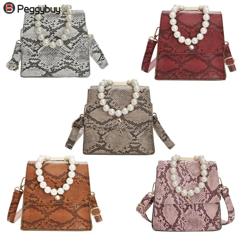 

Fashion Snake Print Crossbody Bags Women PU Leather Shoulder Messenger Pearl Handbag for Ladies