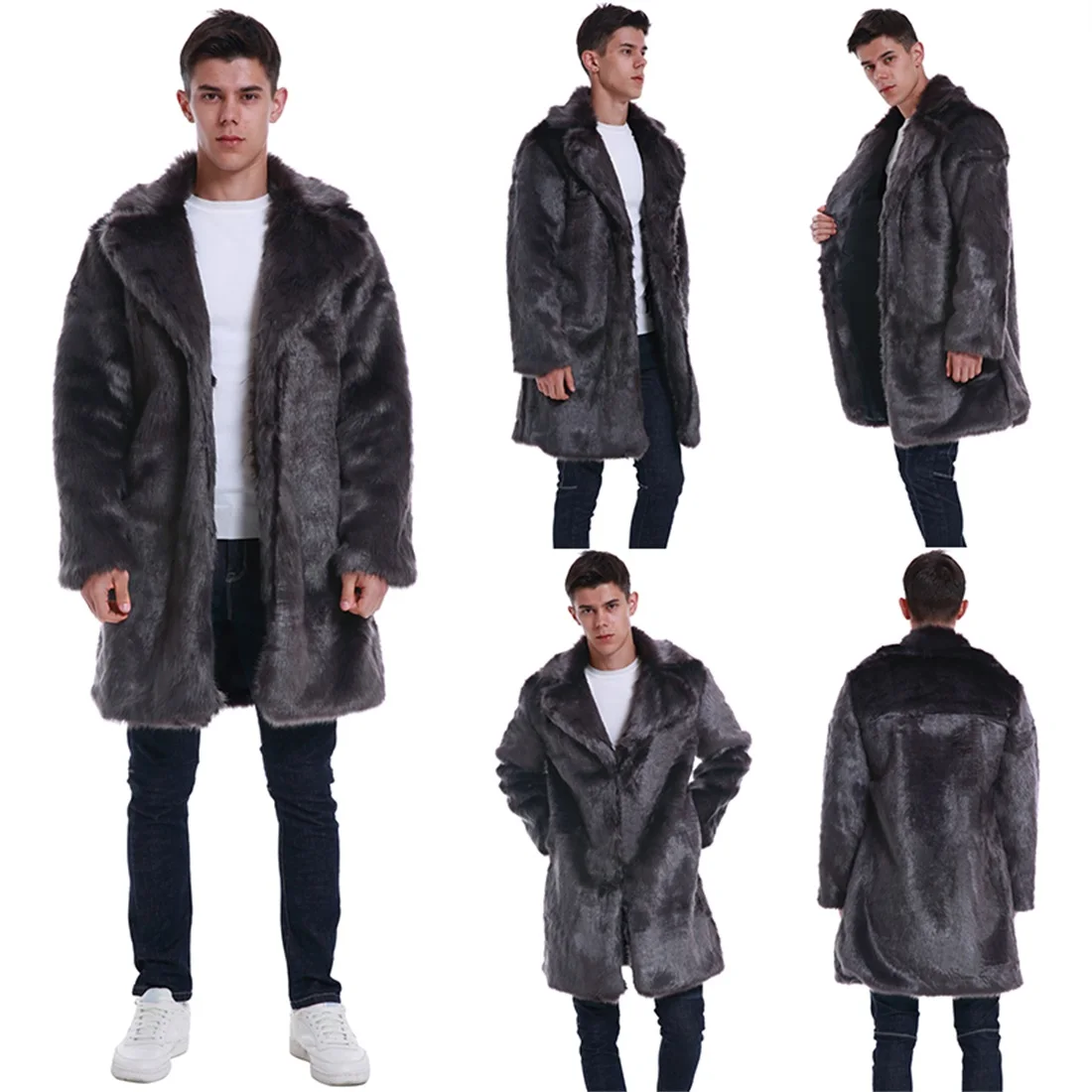 Осенне-зимнее пальто для мужчин Chaqueta, черное, плюс размер, роскошное Мужское пальто с искусственным мехом, Мужская Шуба с длинным рукавом, темно-серая верхняя одежда, куртка 3xl