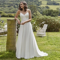 Exquisite Spaghetti Strap Tube Top Wedding Dresses with Soft Chiffon Beach Bridal Gowns Court Train Sleeveless  Embroidery