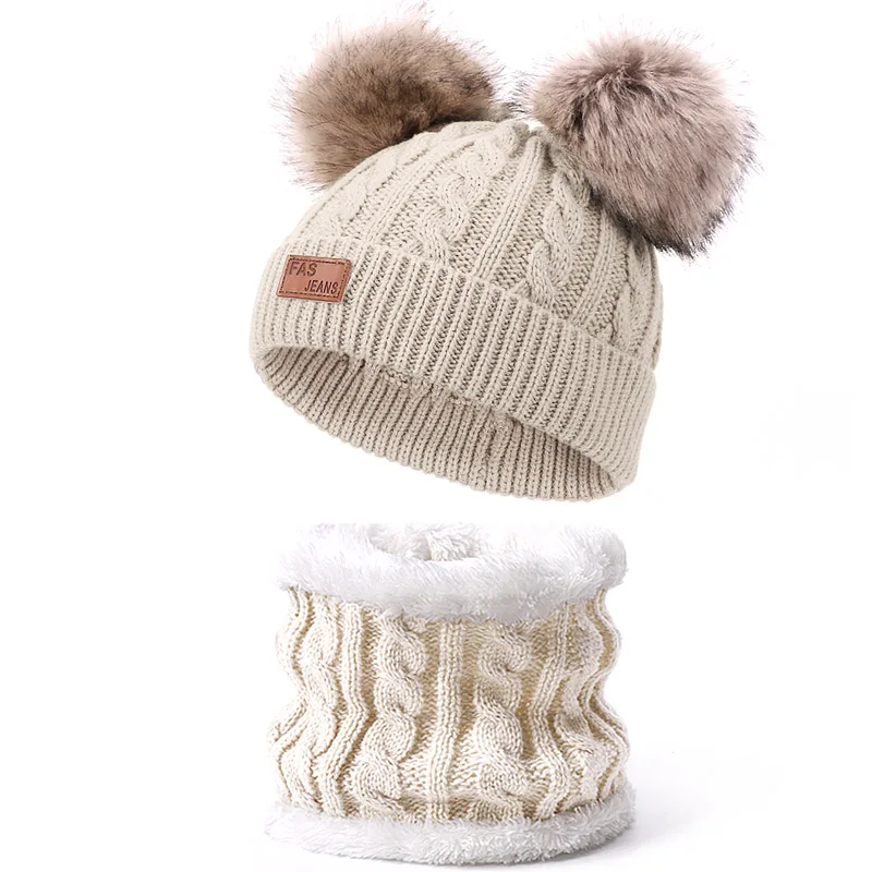 G Детский комплект из шапки и шарфа, зимние однотонные шапочки Skullies с двойным помпоном из искусственного меха, высокое качество, вязаное кольцо для шляпы, шарф, шапка - Цвет: G
