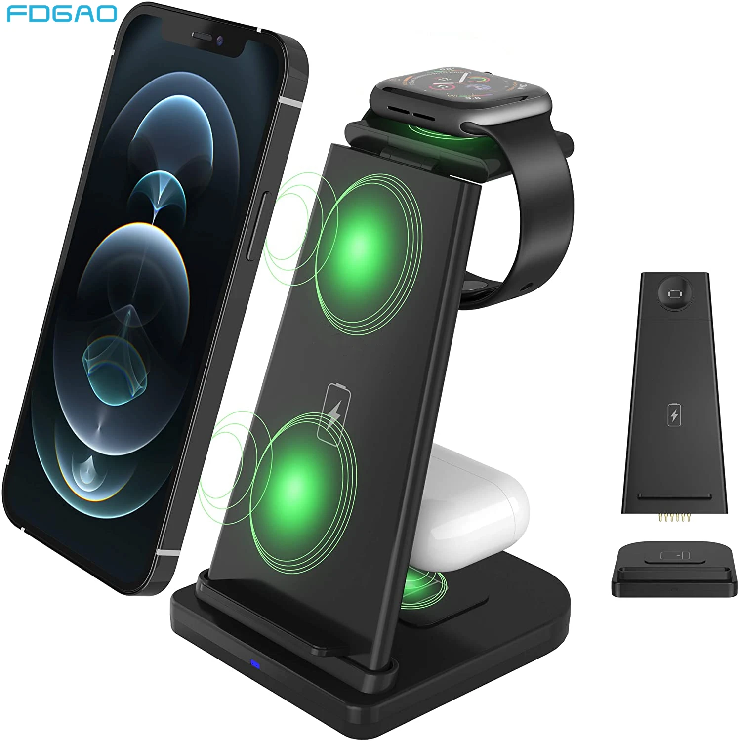 FDGAO 15W Fast 3 in 1 QI Wireless Charger Stand For Apple Watch 6 SE 5 iPhone 12 11 XS XR X 8 Airpods Pro Charging Dock Station