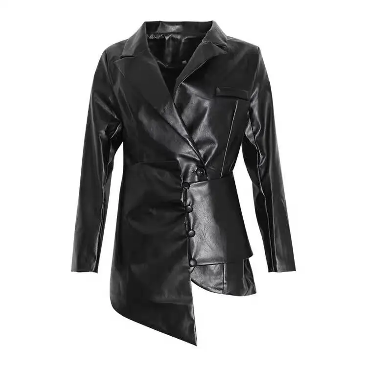 WHITNEY WANG Autumn Winter Fashion Streetwear Asymmetrical PU Jacket Women Faux Leather Jacket Coat Outerwear - Цвет: Черный