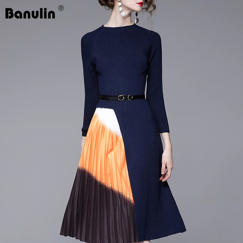 

2020 Autumn Winter Vintage Knitting Patchwork Printing Pleated Dress Women Long Sleeve Knitted Sweater Dress Robe Longue Hiver