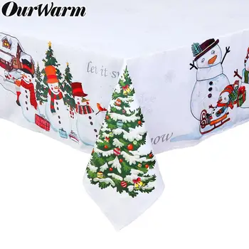 

OurWarm White Tablecloth Christmas Snowman Printing Waterproof Table Cover Rectangular Kitchen Dining Table Decorations