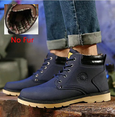 DIJIGIRLS Super Warm Men's Winter Pu Leather Ankle Boots Men Autumn Waterproof Snow Boots Leisure Martin Autumn Boots Shoes Mens - Цвет: no fur blue