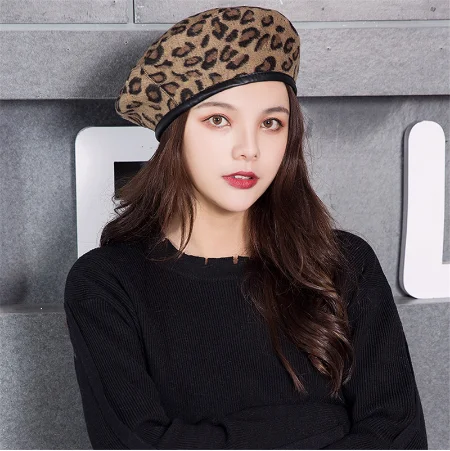 

Female Autumn Winter Hats For Women Vintage Painter Flat Cap Boina Feminina Fashion PU Leather Brim Beanie Leopard Beret