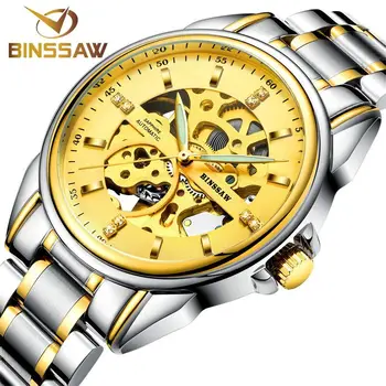 

BINSSAW Original Luxury Brand Stainless Steel Fashion Men Clock Automatic Mechanical Waterproof Skeleton Business Sports Watch