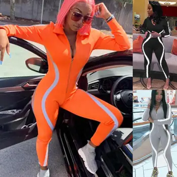 

Autumn Women Reflective Striped Jumpsuit Long Sleeve V-Neck Zipper Bodycon Romper Sexy Skinny Ladies Long Pants Jumpsuit
