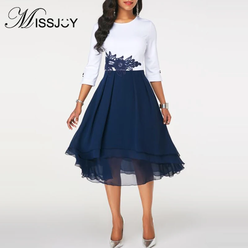 MISSJOY/вечерние платья для женщин, осень, большие размеры, круглый вырез, кружево, пэчворк, офисная работа, элегантная трапециевидная Женская одежда, Vestidos S-5XL
