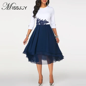 

MISSJOY Party Dress Women 2019 Autumn Plus Size O-Neck Lace Patchwork Office Work Elegant A-Line Female Clothing Vestidos S-5XL