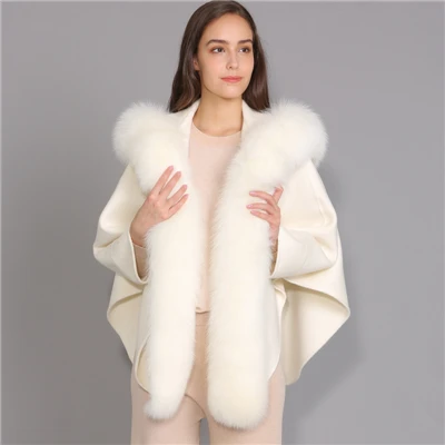 MAOMAOFUR кашемировое пальто женский модный плащ стиль натуральный Лисий мех воротник в полоску верхняя одежда женская кашемировая куртка - Цвет: Cream White