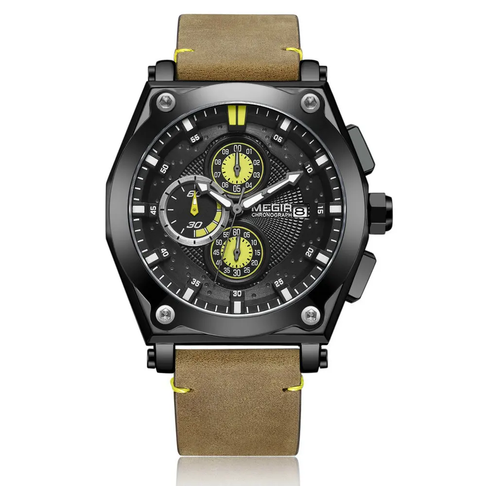 

Megir mei gainer 2098 Men Quartz Leather Strap Watch Three Small Disc Stopwatch Timing Automatic Date