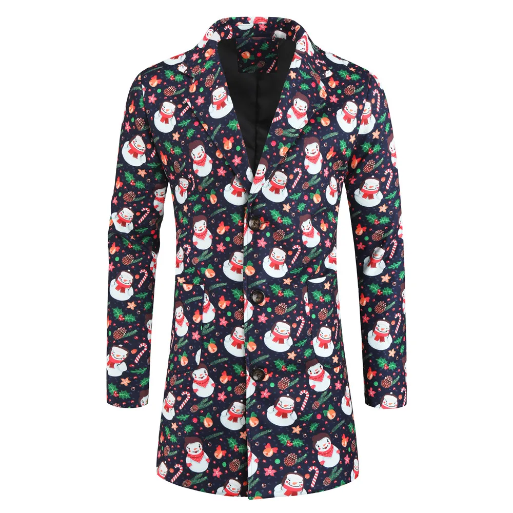 

New design Single Breasted lapel-Neck Men's suit Blazer Long Sleeve Snowman pattern Print Blazer men's mid-length coat