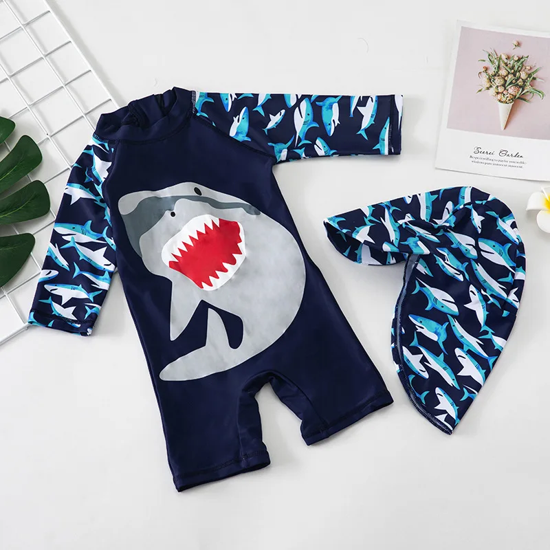 

One-Piece Baby Boy's Swimwear Shark Printed Rashguard Swimsuit Child Short Sleeve Rash Guard UPF 50+ Cute Beach Wear With Cap