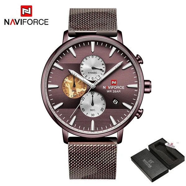 NAVIFORCE Топ люксовый бренд модные мужские часы светящийся хронограф водонепроницаемые кварцевые наручные мужские часы Relogio Masculino - Цвет: CFCoffeeWithBox