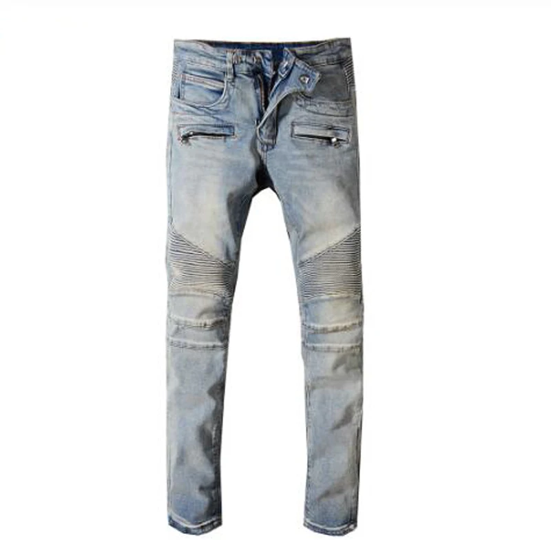 

New Men's fashion classic vintage blue stretch moto biker jeans for moto Plus size patchwork slim fit denim pants trousers 1051