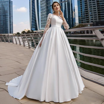 MEGA DESCUENTO ❤️ Jiayigong-Vestido De Novia De satén con manga larga, cuello redondo, apliques De cuentas, línea A - discount item 45% OFF Bodas y eventos