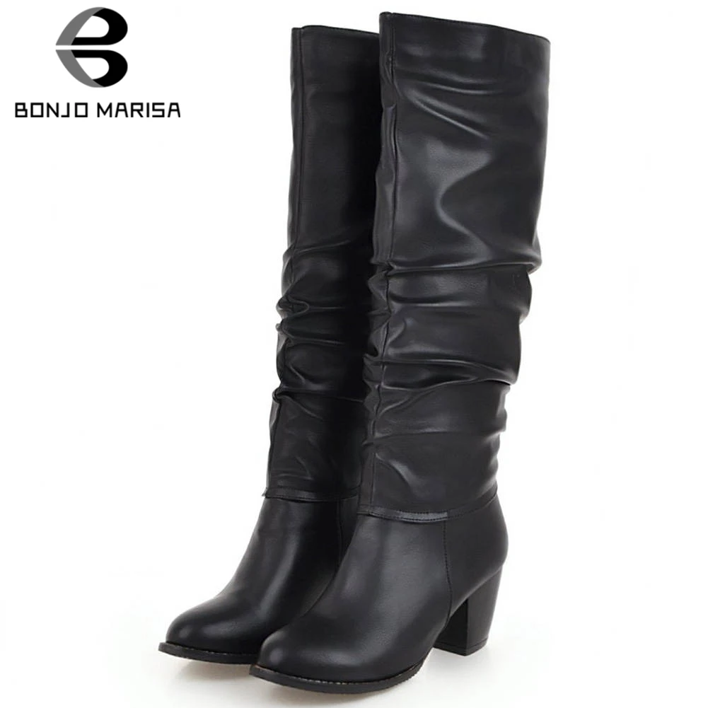 

BONJOMARISA Plus Size 34-48 Fashion Pleated Boots Ladies slip-on Knee High Boots Women 2020 Winter High Heels OL Shoes Woman