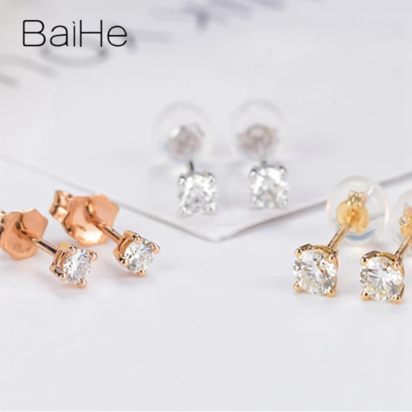 BAIHE Solid 14 К желтого золота 0.20ct H/SI 100% из натуральной бриллиантами свадебные Мода Fine Jewelry уникальный элегантный серьги-гвоздики