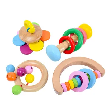 

4Pcs Montessori Wooden Rattles Hold Rattle Hand Bell Gift Baby Toys Toddler Infant Toy