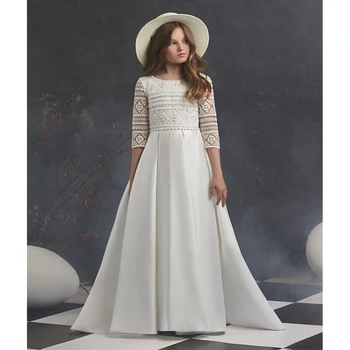

Lace 3/4 Sleeves Flower Girls Dresses Pearls Taffeta A Line Girls Formal Dress for Wedding Prom Party