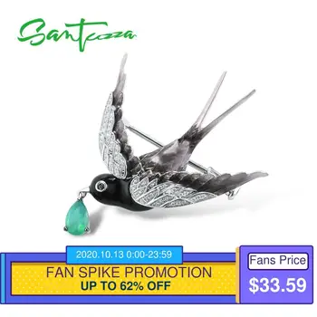 

SANTUZZA Silver Brooch For Women Pure 925 Sterling Silver Swallow Bird Animal Green Agate Trendy Fine Jewelry Handmade Enamel