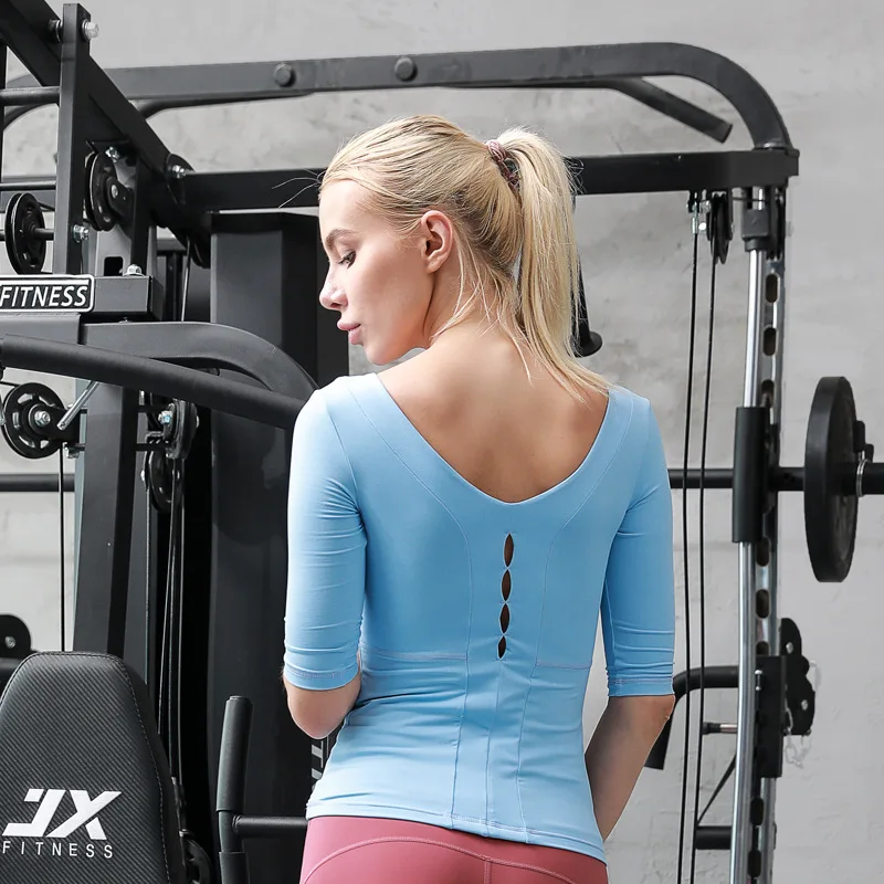 

2019 New Style Spring And Autumn Yoga T-shirt Elegant Half-sleeve Shirt Elasticity Breathable Sports Fitness Suit Tops Women's