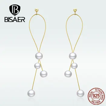 

BISAER 925 Sterling Silver Gentle Pearl Tassel Earrings Korea Drop Earrings For Women Elegant Style Whole Fashion Jewelry GXE615