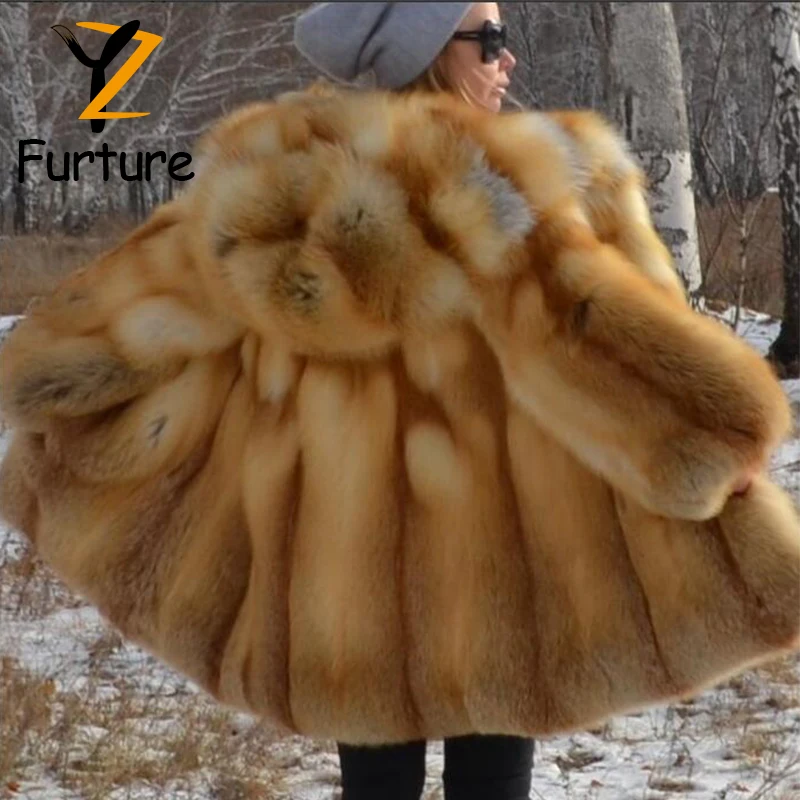 女性のためのレッドフォックスファーコート、冬のアウターウェア