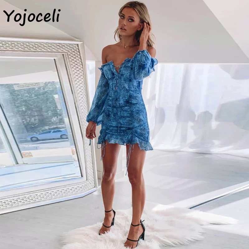 Yojoceli женское платье с принтом, с открытыми плечами, женское платье на шнуровке, бохо, Пляжное Платье для вечеринки, облегающее мини-платье с длинным рукавом, весна