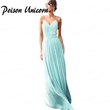 

Newstyle Mint Green Spaghetti Straps Chiffon Evening Dress 2020 Elegant Pleat V Neck Backless Floor Length Formal Prom Gown