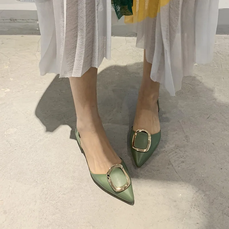 

2019 Spring And Summer New Style Closed-toe Side Cutouts Flat Heel Sandals Women's Pointed-Toe Korean-style Square Buckle Shoes