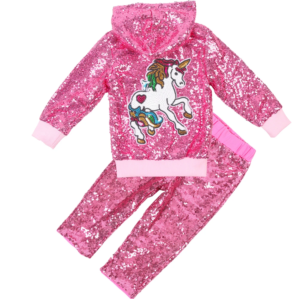 Baby Boys Girls Sequin Unicorn Jacket Hooded Suits with Pants Autumn Winter New Fashion Christmas Clothes for Toddler - Цвет: DK Pink