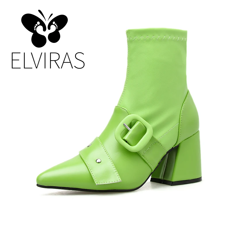 

ELVIRAS NEW Ankle boots Buckle High Heels Women Boots Pointed Toe Footwear Zip Female Booties Socks boots Pu Shoes Woman 2020