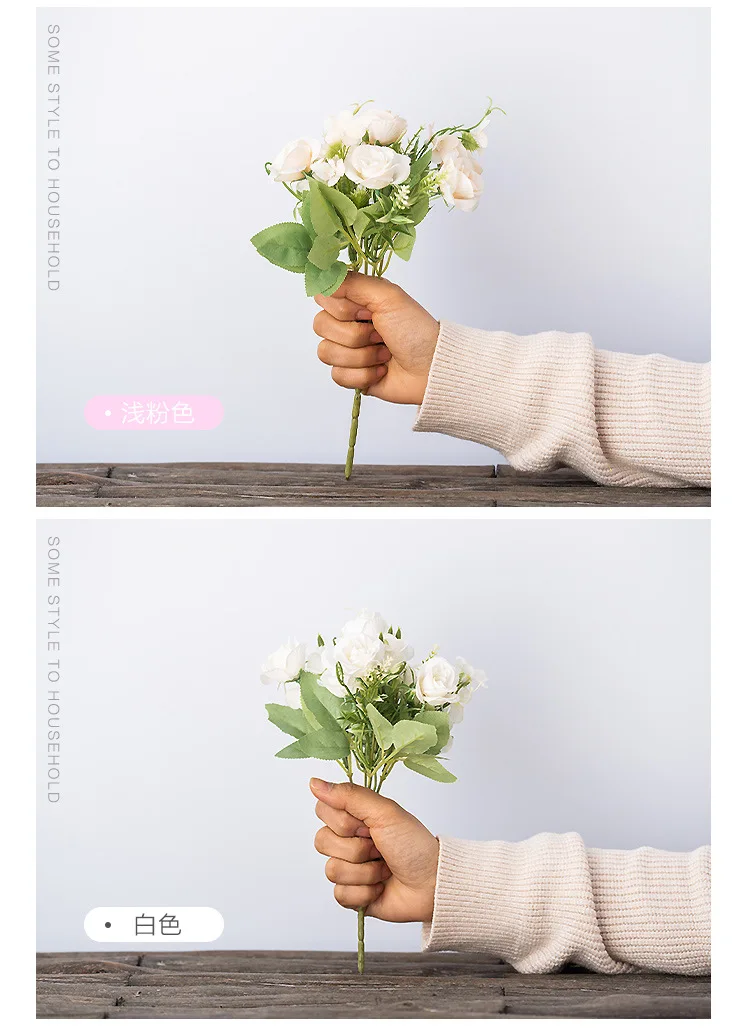 Nordic 10 Simulation Small Roses Artificial Bouquet Indoor Hotel Decoration Placed High Quality Plastic Silk Flower QW42 (2)