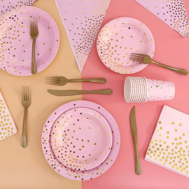 Позолоченные одноразовые столовые приборы в горошек розового и синего цвета, стаканчики для шампанского, бумажные тарелки, соломки для дней рождения, свадьбы, Детские вечерние принадлежности для декора